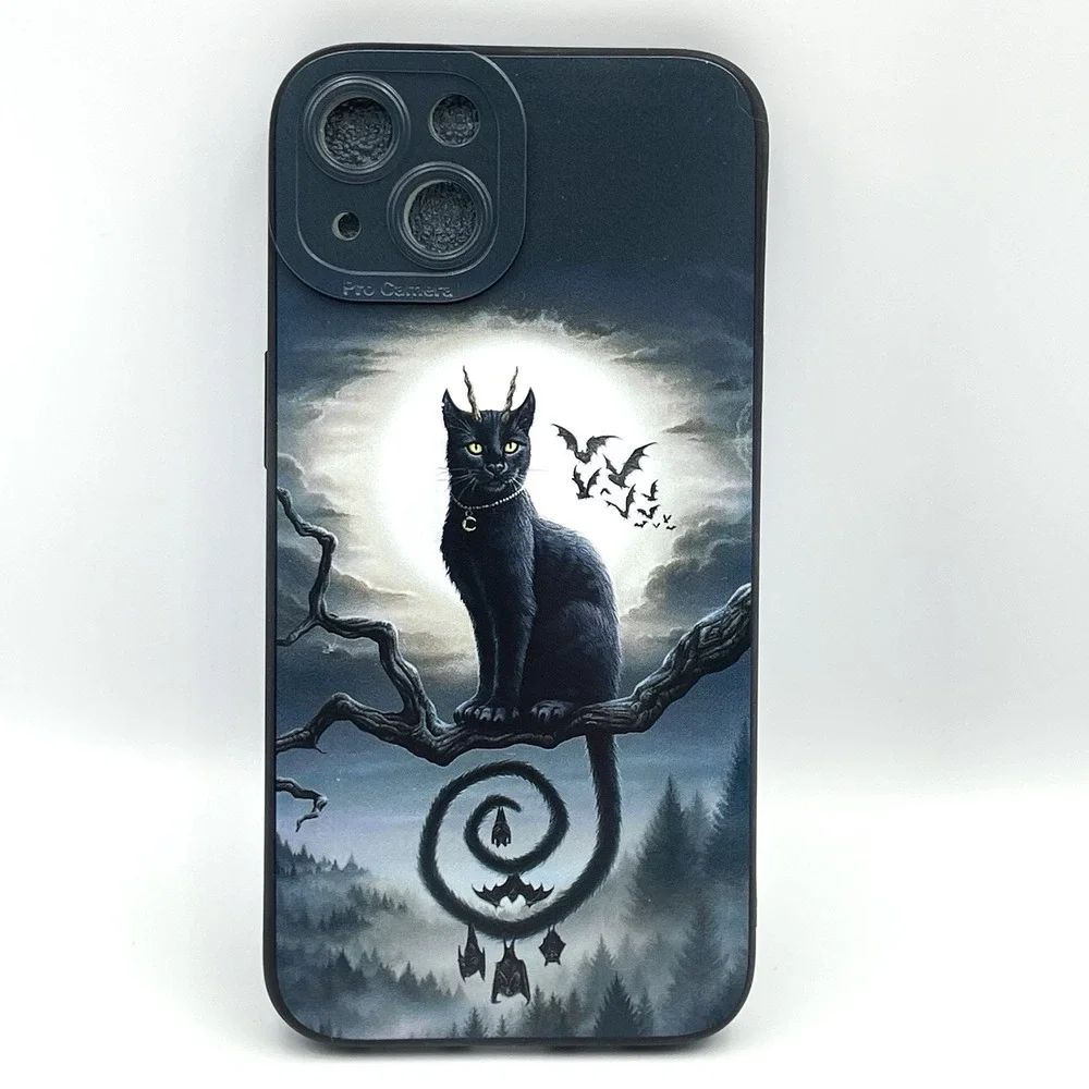 New iPhone 13 Gothic Black Cat Bat Moon Phone‎ Case Halloween Fantasy
